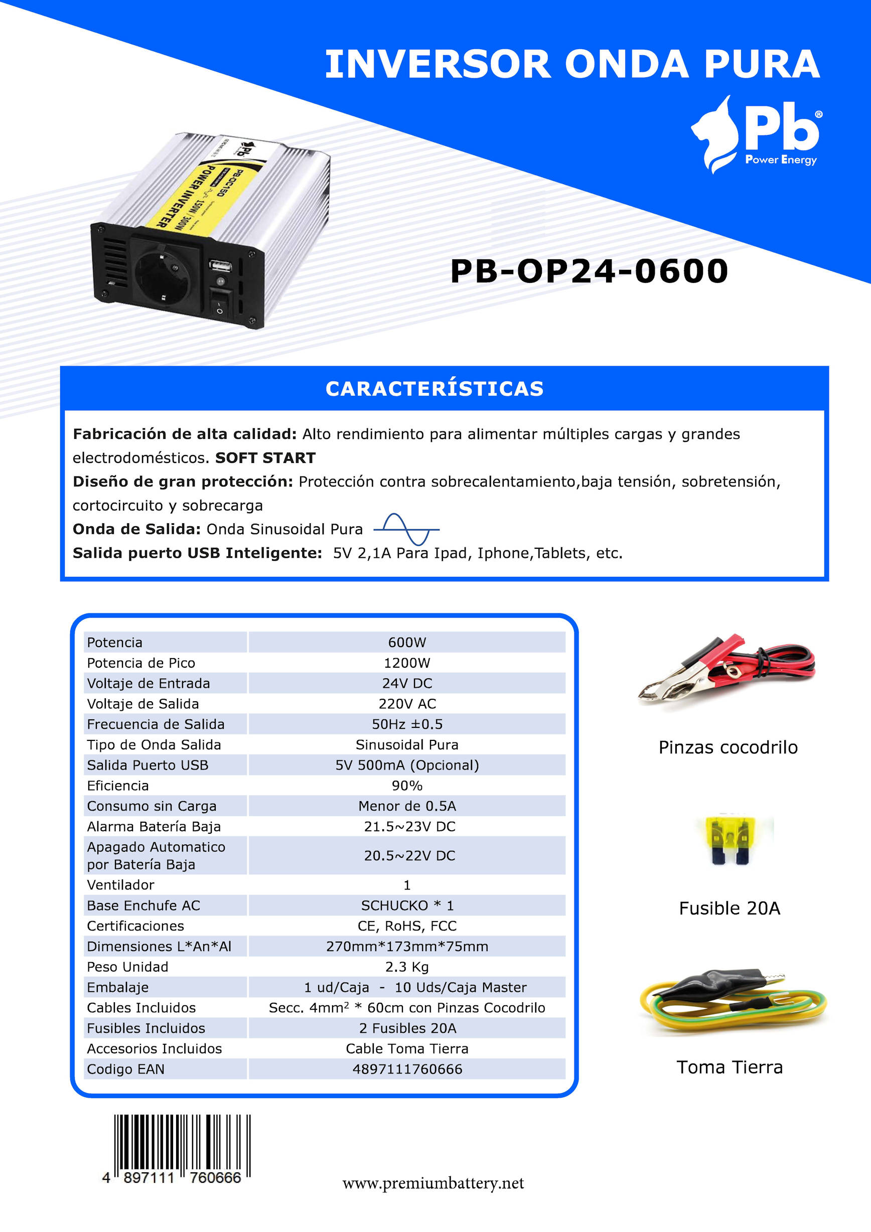 Inversor 24V 220V 600W (1200W) Onda pura